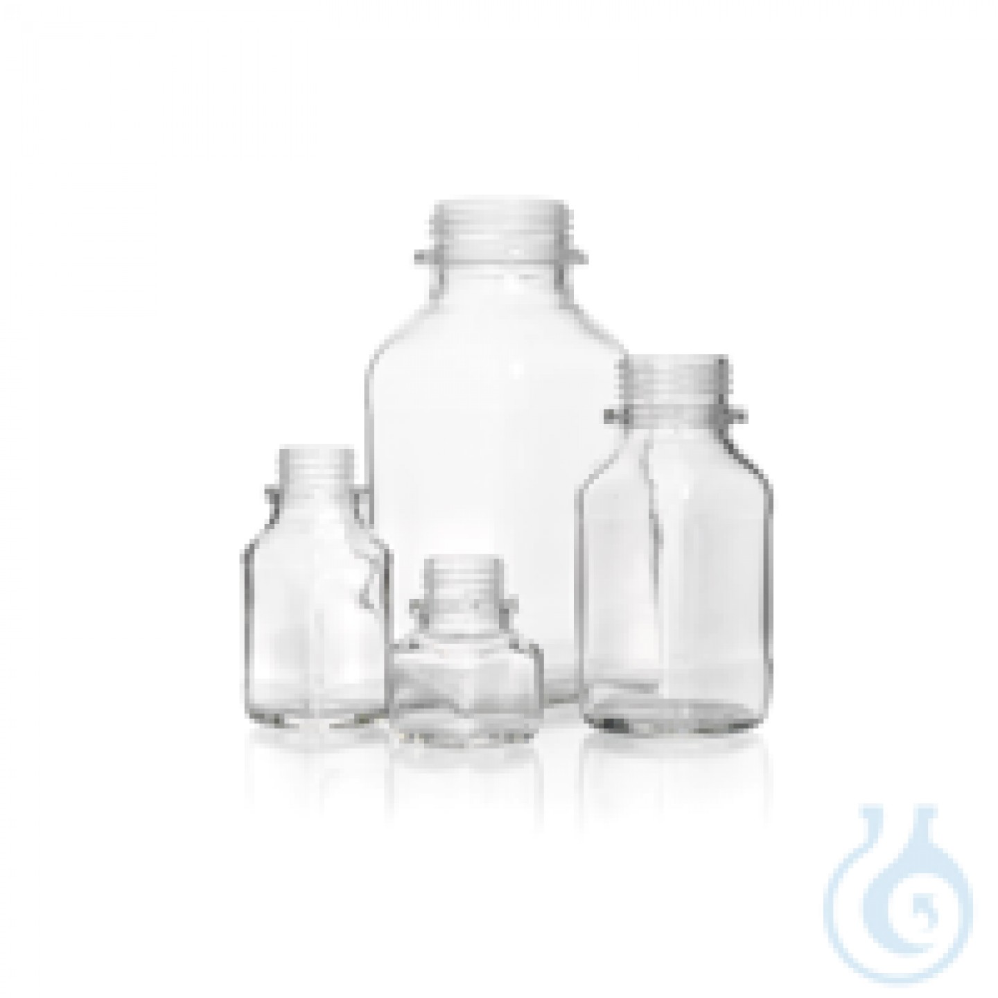 Kare vidalı kapaklı şişe 250 ml geniş boyunlu, şeffaf, 45 dişli, soda-kireç camı,...